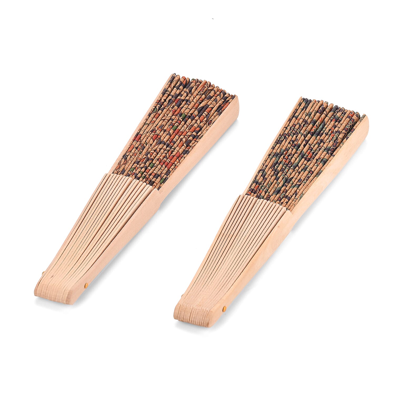 Set of 2- Multicolour Floral Design Soft Wood Folding Hand Fans Or Wall Art (23cm)