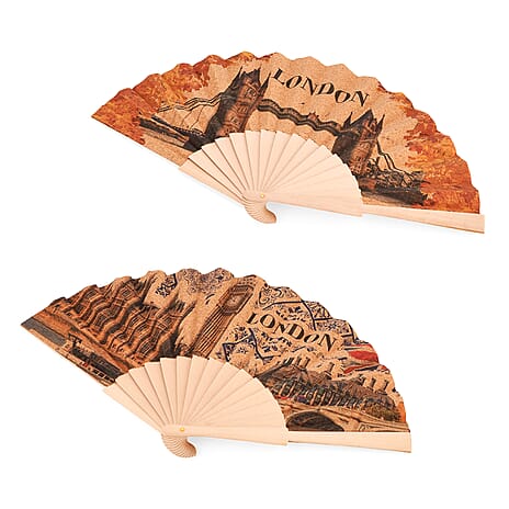 Set of 2- London Bridge & Big Ben Design Soft Wood Folding Hand Fans Or Wall Art (23cm)
