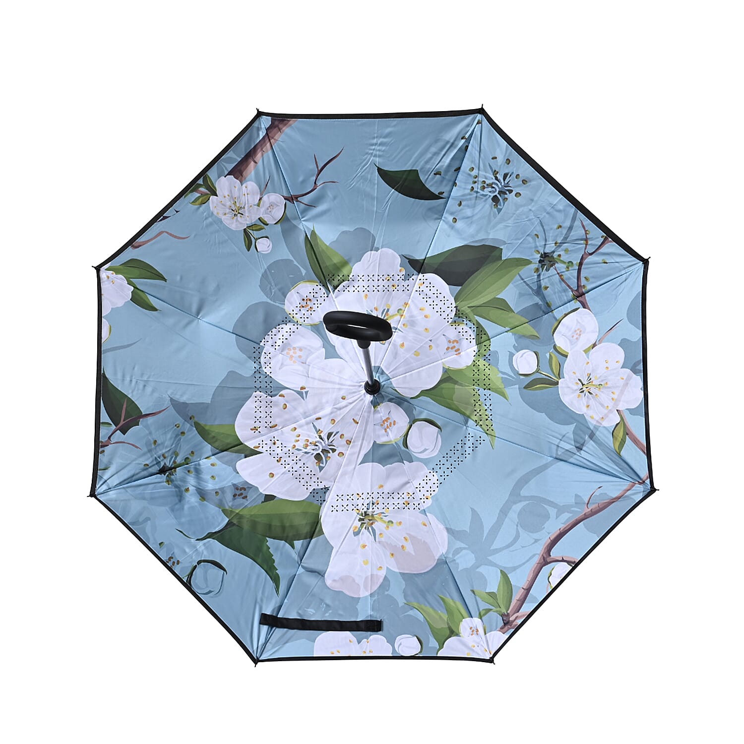 Reverse Flower Pattern Umbrella with C-Shaped Handle - Blue