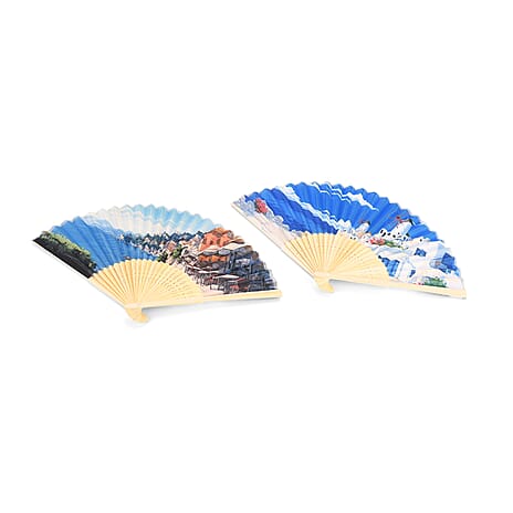 Set of 2- Artistic Seaside Bamboo Folding Hand Fans Or Wall Art (21cm)