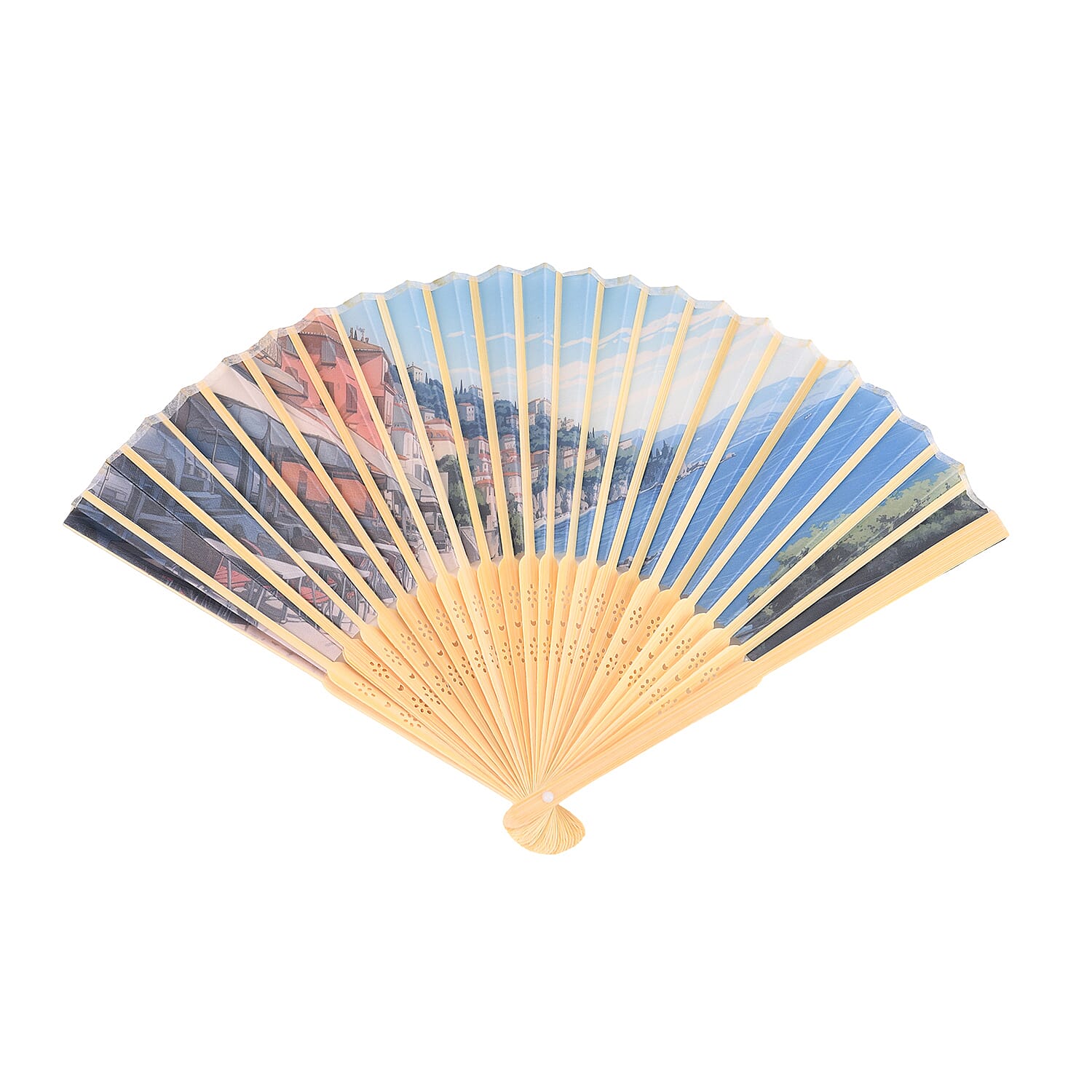 Set of 2- Artistic Seaside Bamboo Folding Hand Fans Or Wall Art (21cm)