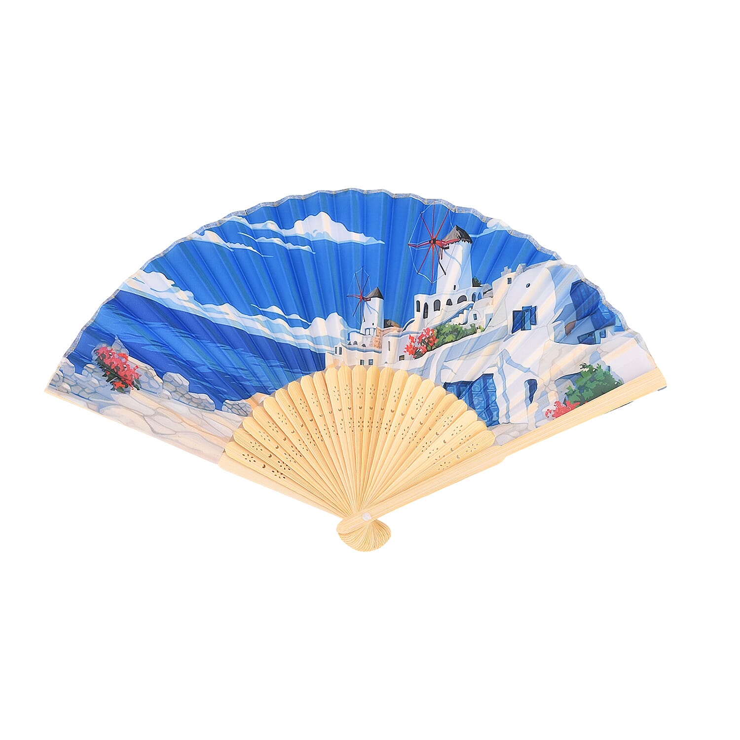 Set of 2- Artistic Seaside Bamboo Folding Hand Fans Or Wall Art (21cm)