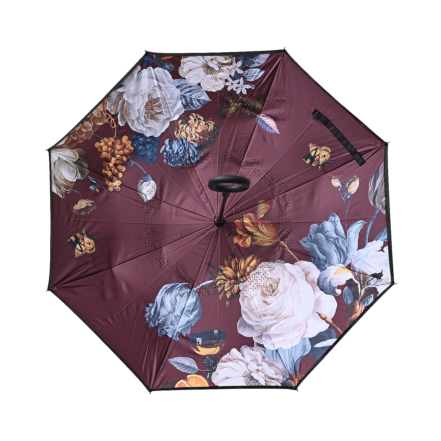 Reverse Flower Pattern Umbrella with C-Shaped Handle - Red