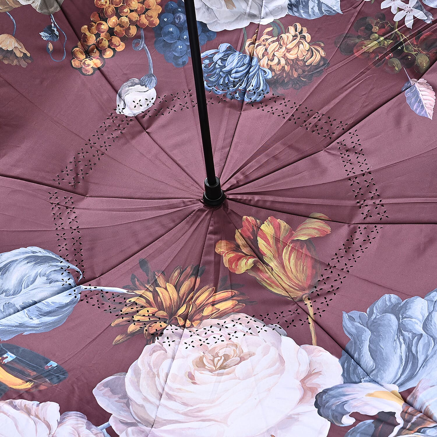 Reverse Flower Pattern Umbrella with C-Shaped Handle - Red