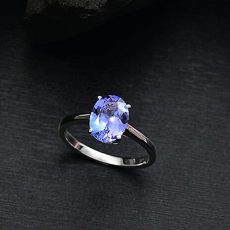 Tanzanite Solitaire Ring in Rhodium Overlay Sterling Silver 1.83 Ct.