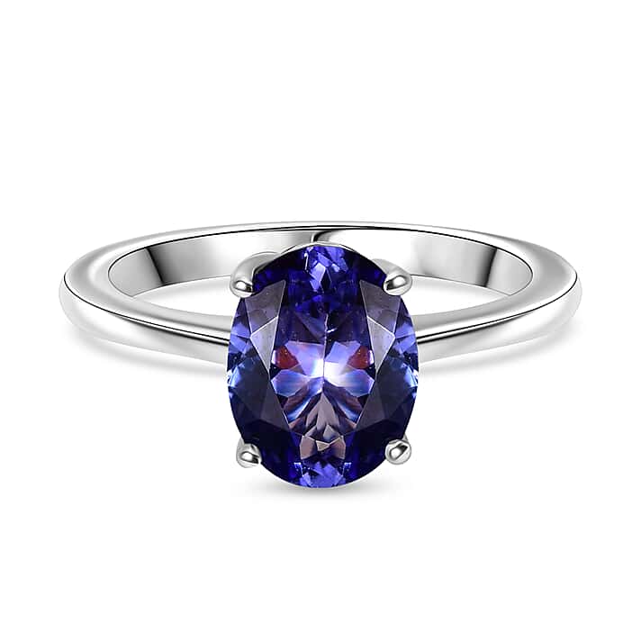 Tanzanite Solitaire Ring in Rhodium Overlay Sterling Silver 1.83 Ct.