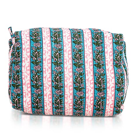 Set of 4- Floral & Stripe Quilted Fabric Cosmetic Pouches - Pink, Blue & Green