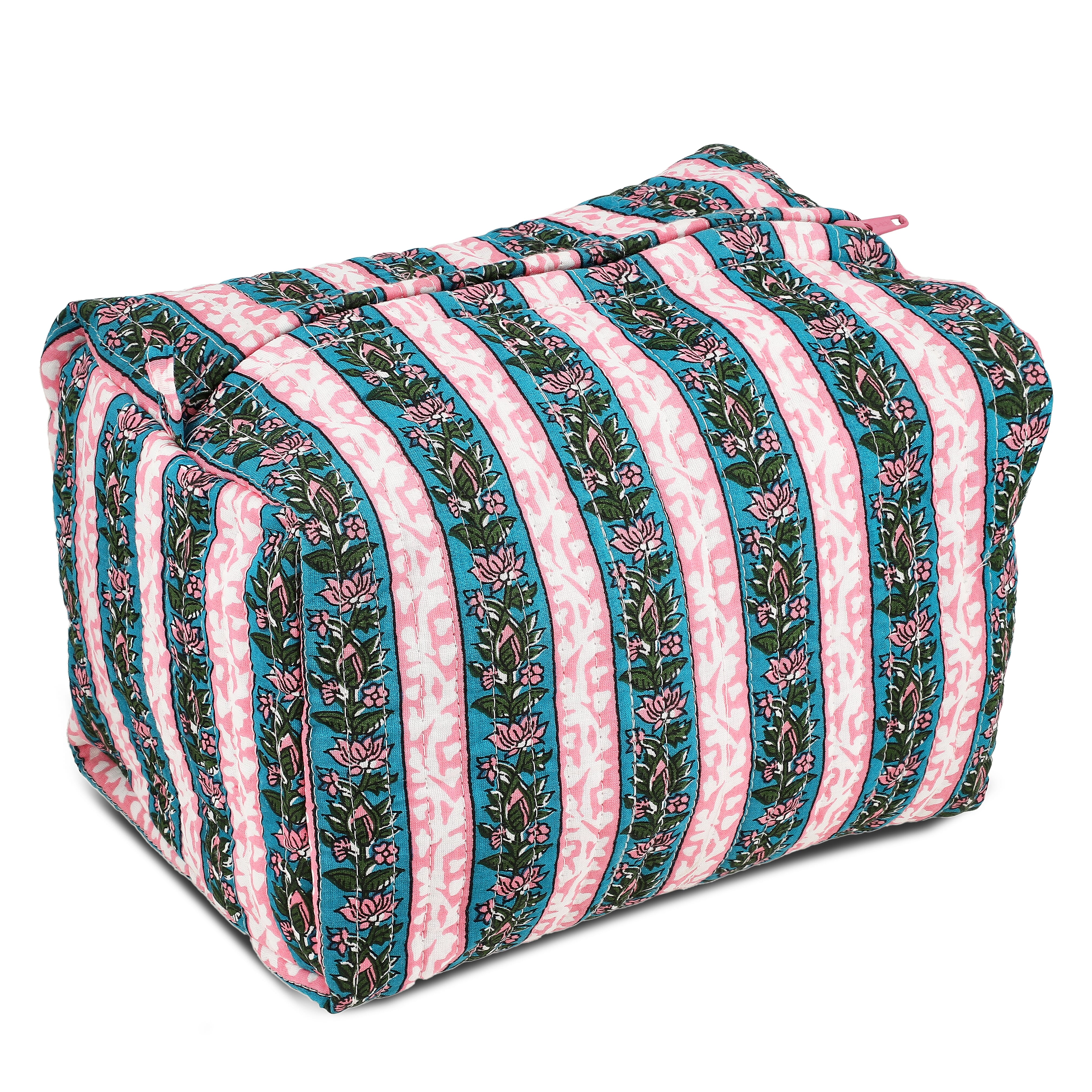 Set of 4- Floral & Stripe Quilted Fabric Cosmetic Pouches - Pink, Blue & Green