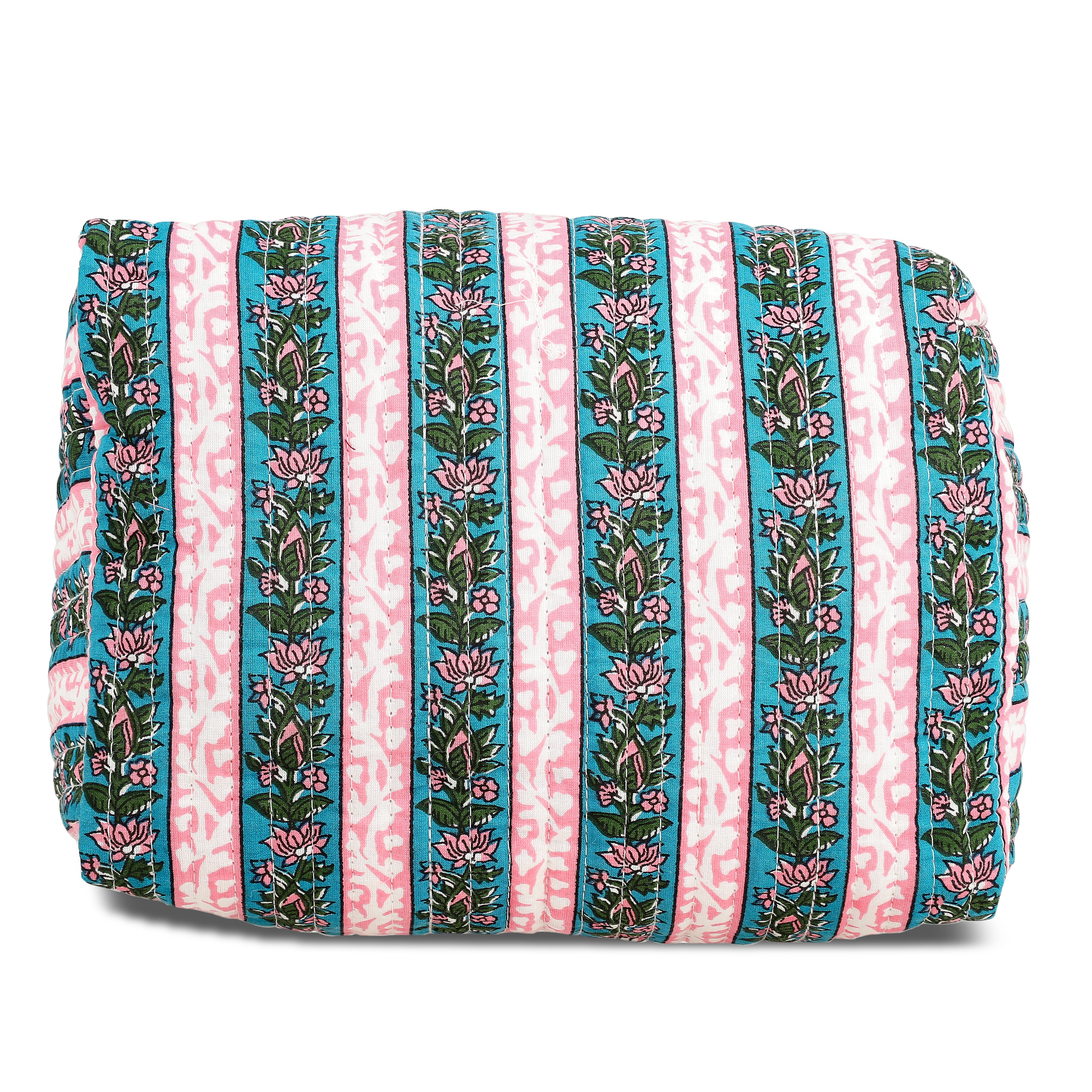 Set of 4- Floral & Stripe Quilted Fabric Cosmetic Pouches - Pink, Blue & Green