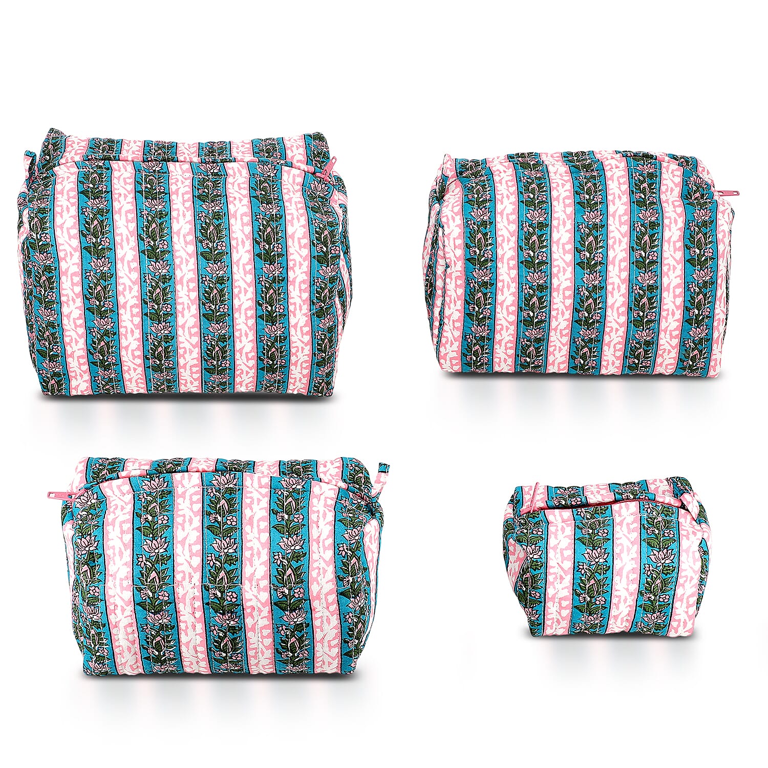Set of 4- Floral & Stripe Quilted Fabric Cosmetic Pouches - Pink, Blue & Green