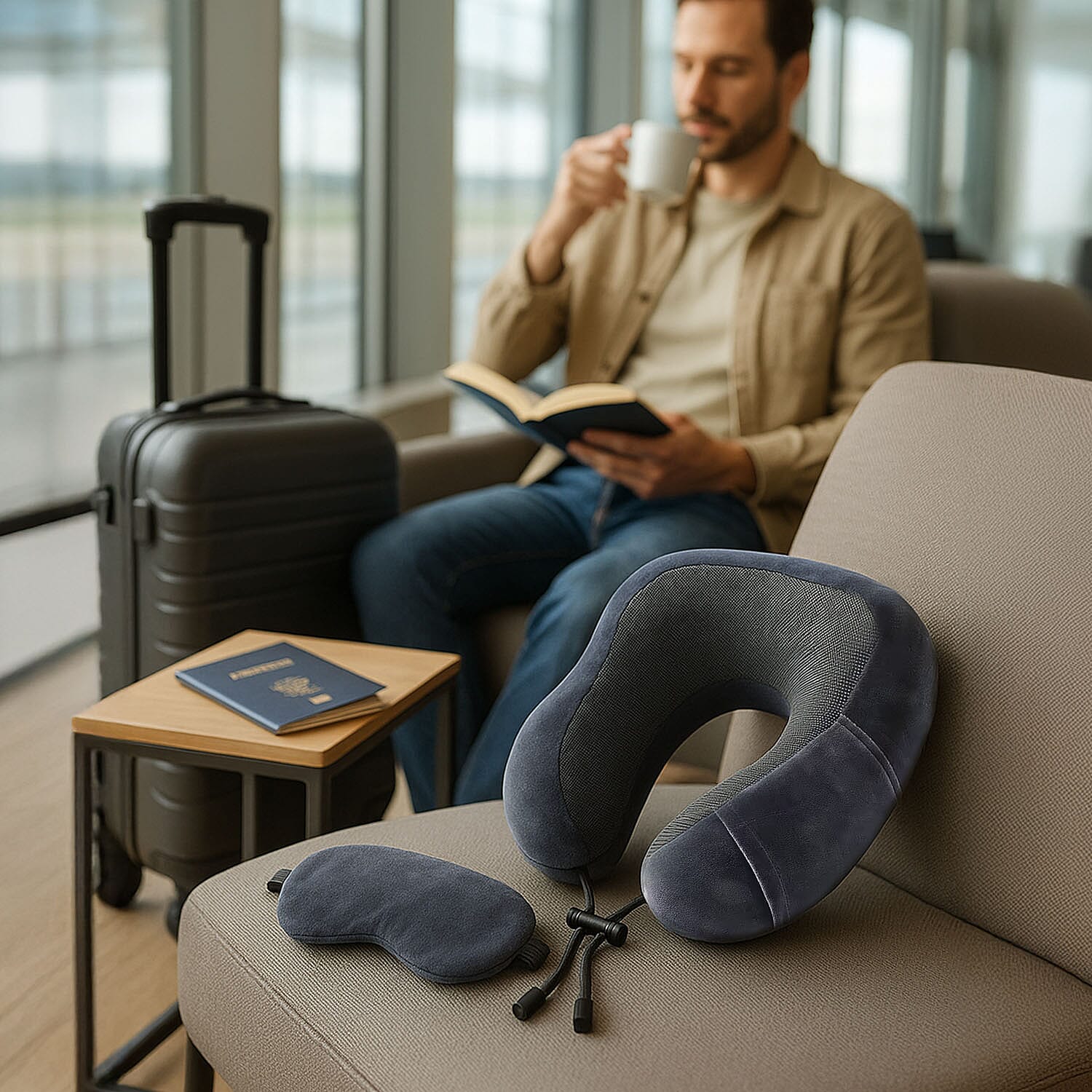 Memory Foam Travel Neck Pillow & Eye Mask Set (Size 30x28cm) - Grey