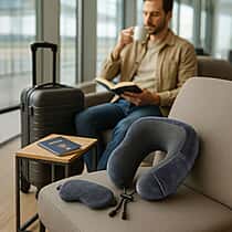 Memory Foam Travel Neck Pillow & Eye Mask Set (Size 30x28cm) - Grey