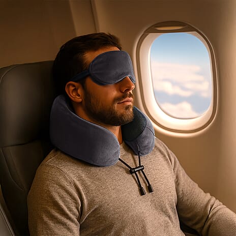 Memory Foam Travel Neck Pillow & Eye Mask Set (Size 30x28cm) - Grey