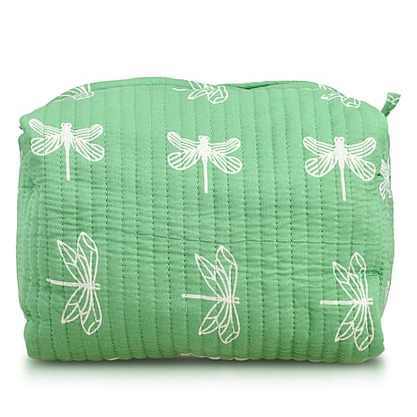 Set of 4- Cotton Hand - Block Insect Print Quilted Fabric Cosmetic Pouches - Green