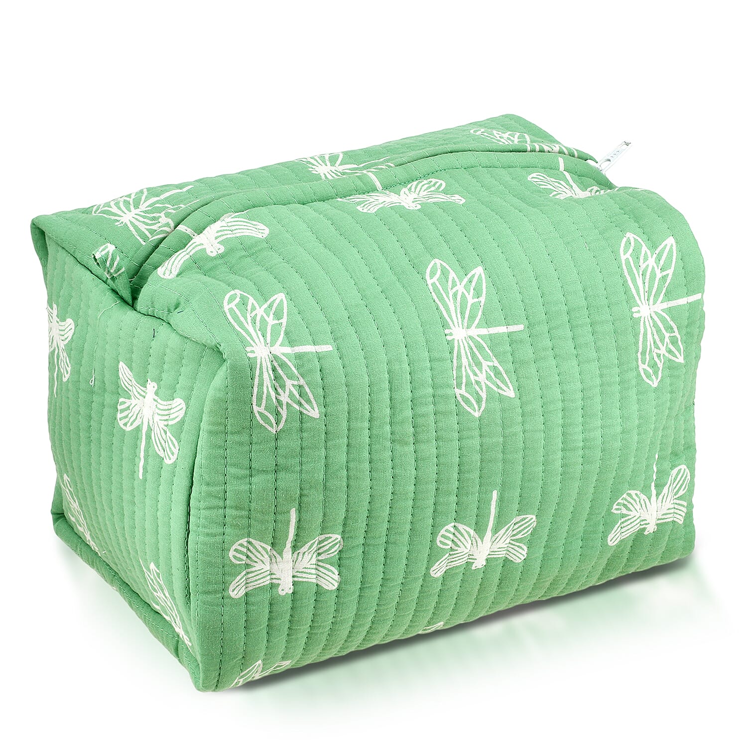 Set of 4- Cotton Hand - Block Insect Print Quilted Fabric Cosmetic Pouches - Green