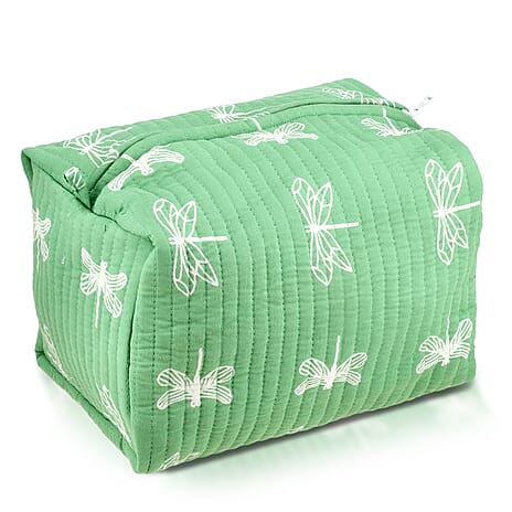 Set of 4- Cotton Hand - Block Insect Print Quilted Fabric Cosmetic Pouches - Green