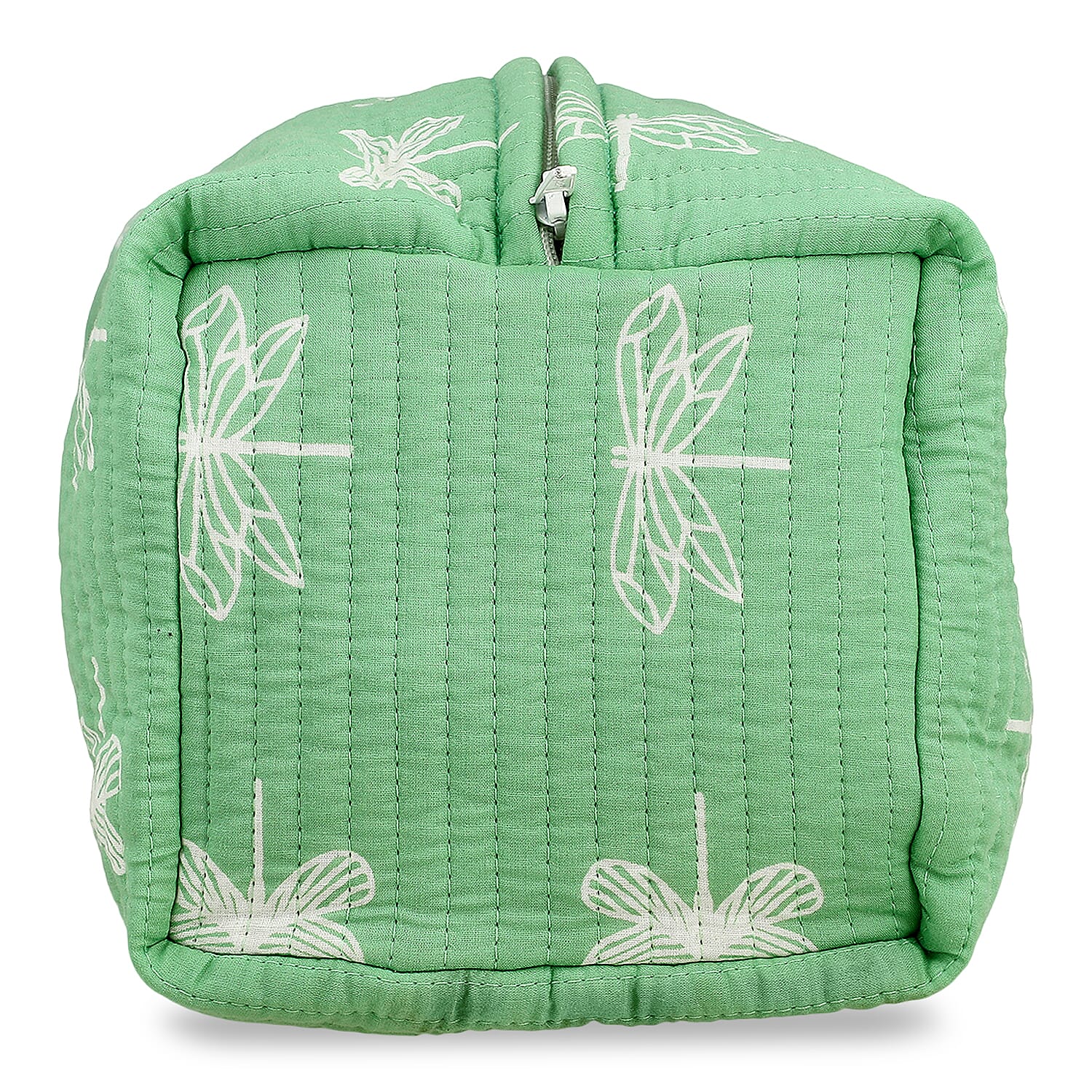 Set of 4- Cotton Hand - Block Insect Print Quilted Fabric Cosmetic Pouches - Green