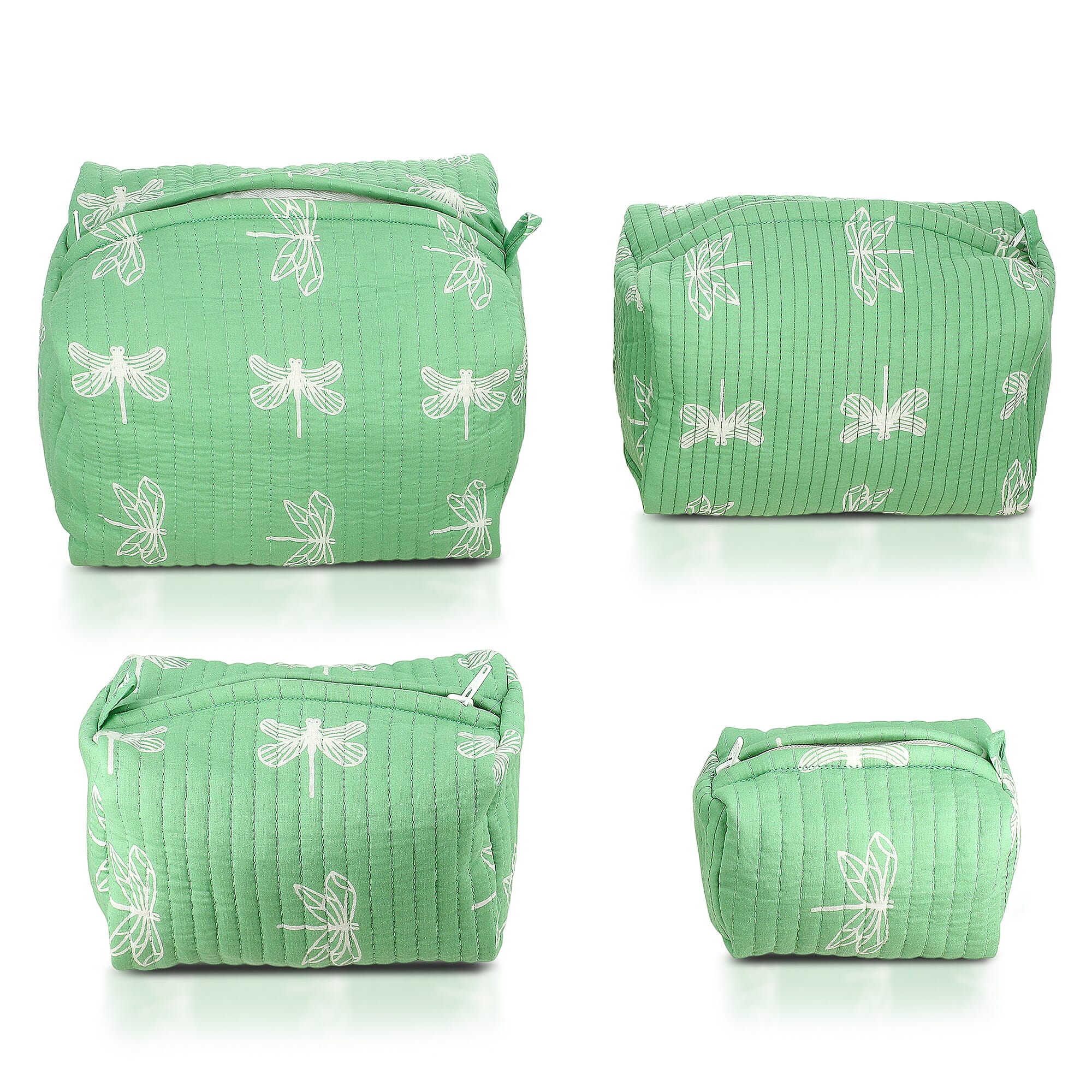 Set of 4- Cotton Hand - Block Insect Print Quilted Fabric Cosmetic Pouches - Green