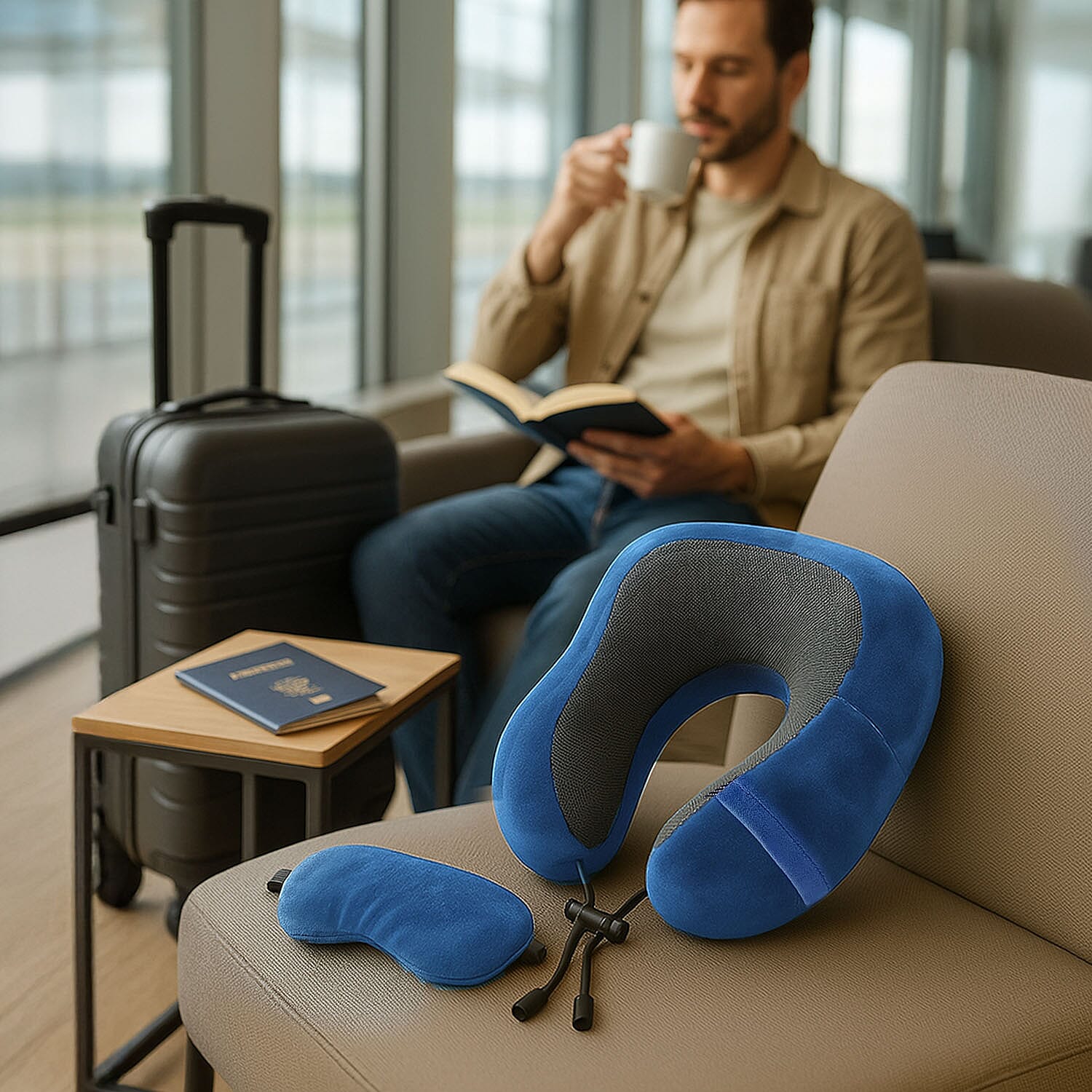 Memory Foam Travel Neck Pillow & Eye Mask Set (Size 30x28cm) - Blue