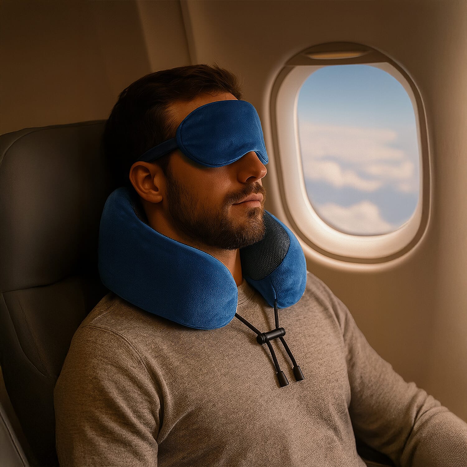 Memory Foam Travel Neck Pillow & Eye Mask Set (Size 30x28cm) - Blue
