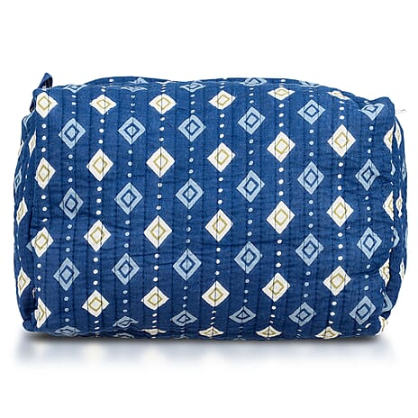 Set of 4- Geometric Diamond Pattern Quilted Fabric Cosmetic Pouches - Dark Blue