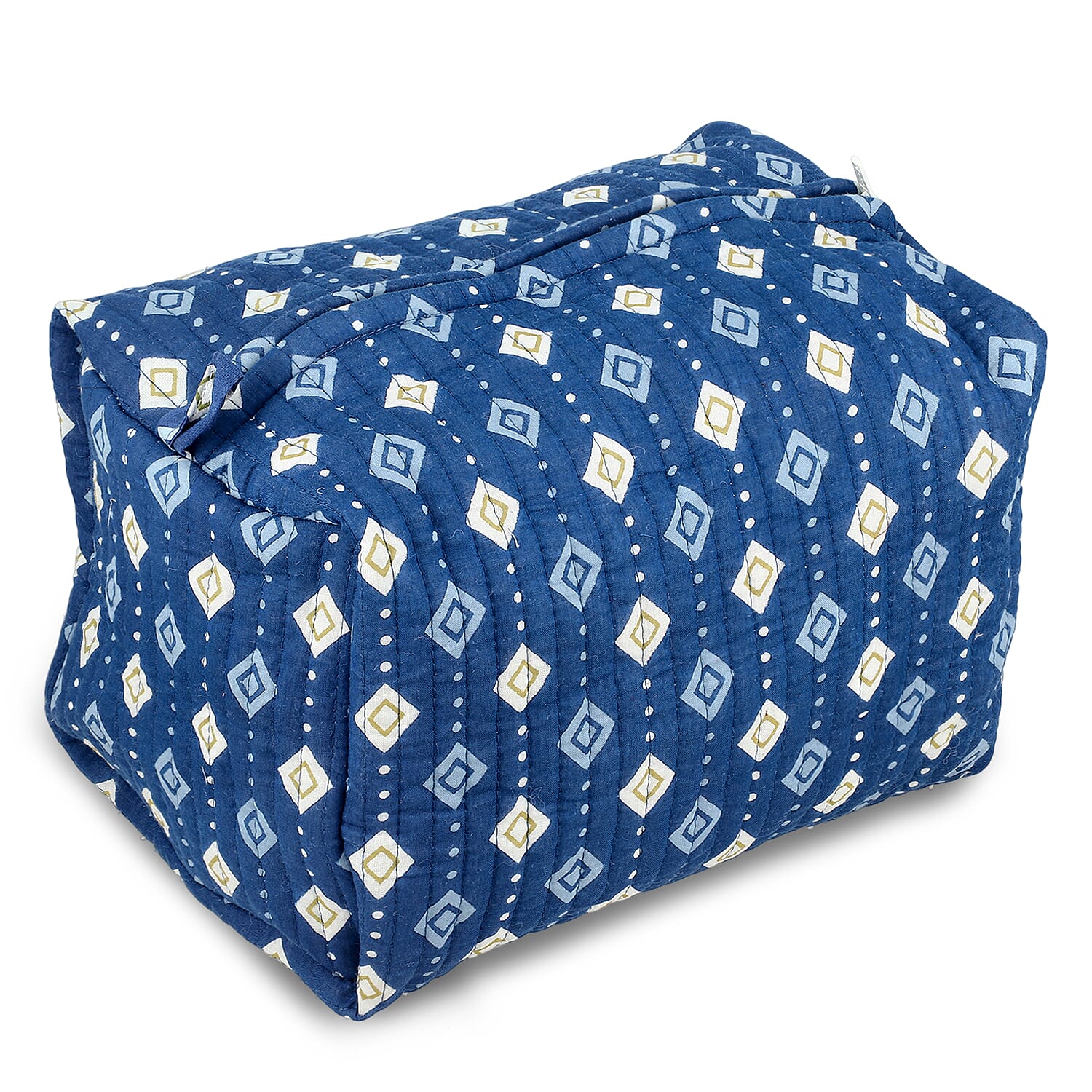 Set of 4- Geometric Diamond Pattern Quilted Fabric Cosmetic Pouches - Dark Blue