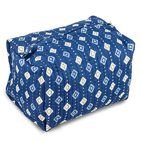 Set of 4- Geometric Diamond Pattern Quilted Fabric Cosmetic Pouches - Dark Blue