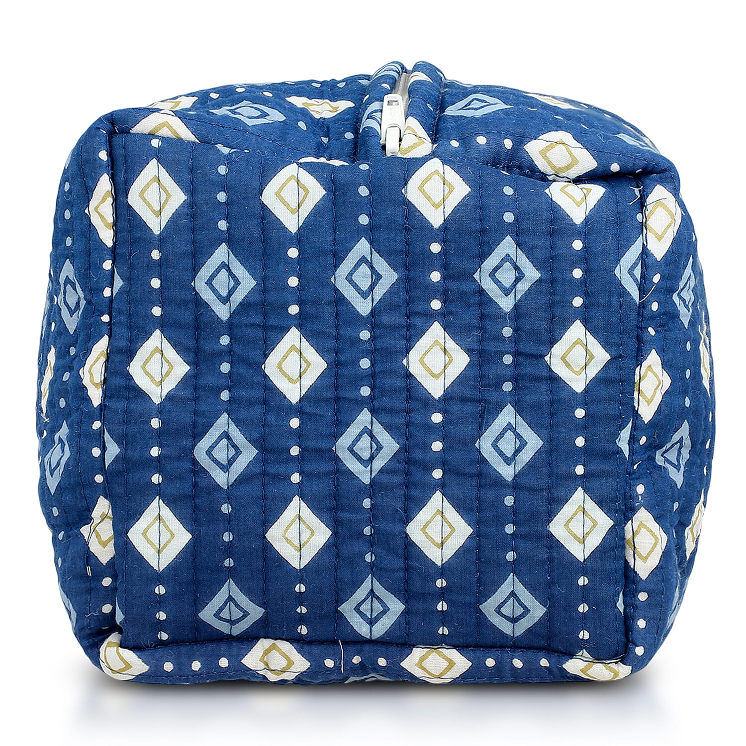 Set of 4- Geometric Diamond Pattern Quilted Fabric Cosmetic Pouches - Dark Blue