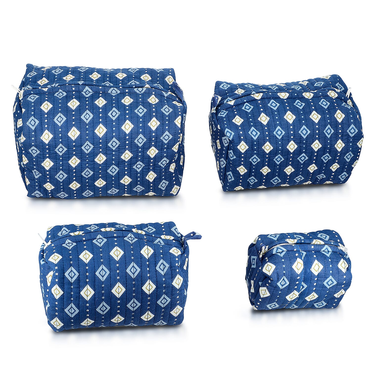 Set of 4- Geometric Diamond Pattern Quilted Fabric Cosmetic Pouches - Dark Blue
