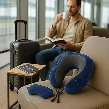 Memory Foam Travel Neck Pillow & Eye Mask Set (Size 30x28cm) - Navy