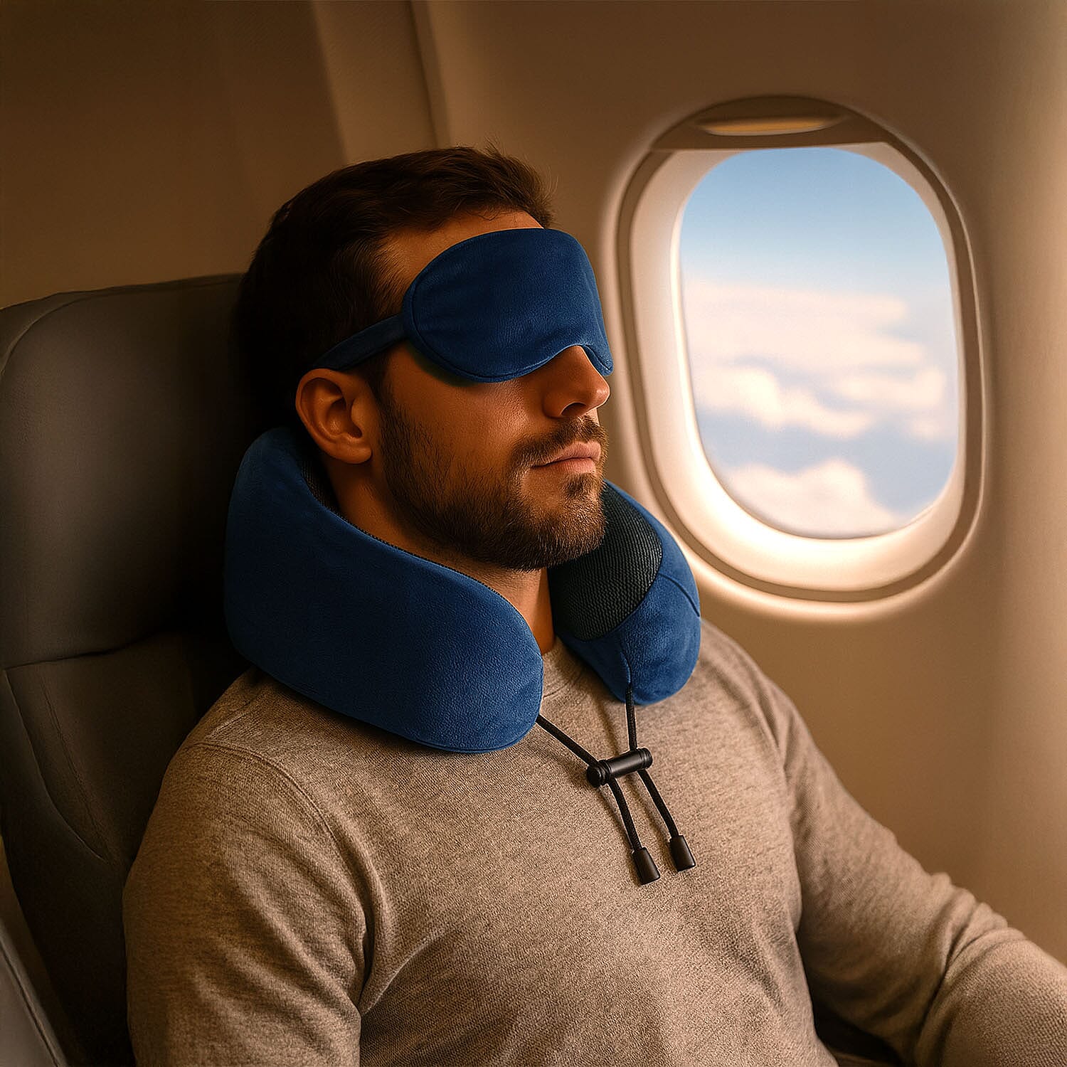 Memory Foam Travel Neck Pillow & Eye Mask Set (Size 30x28cm) - Navy