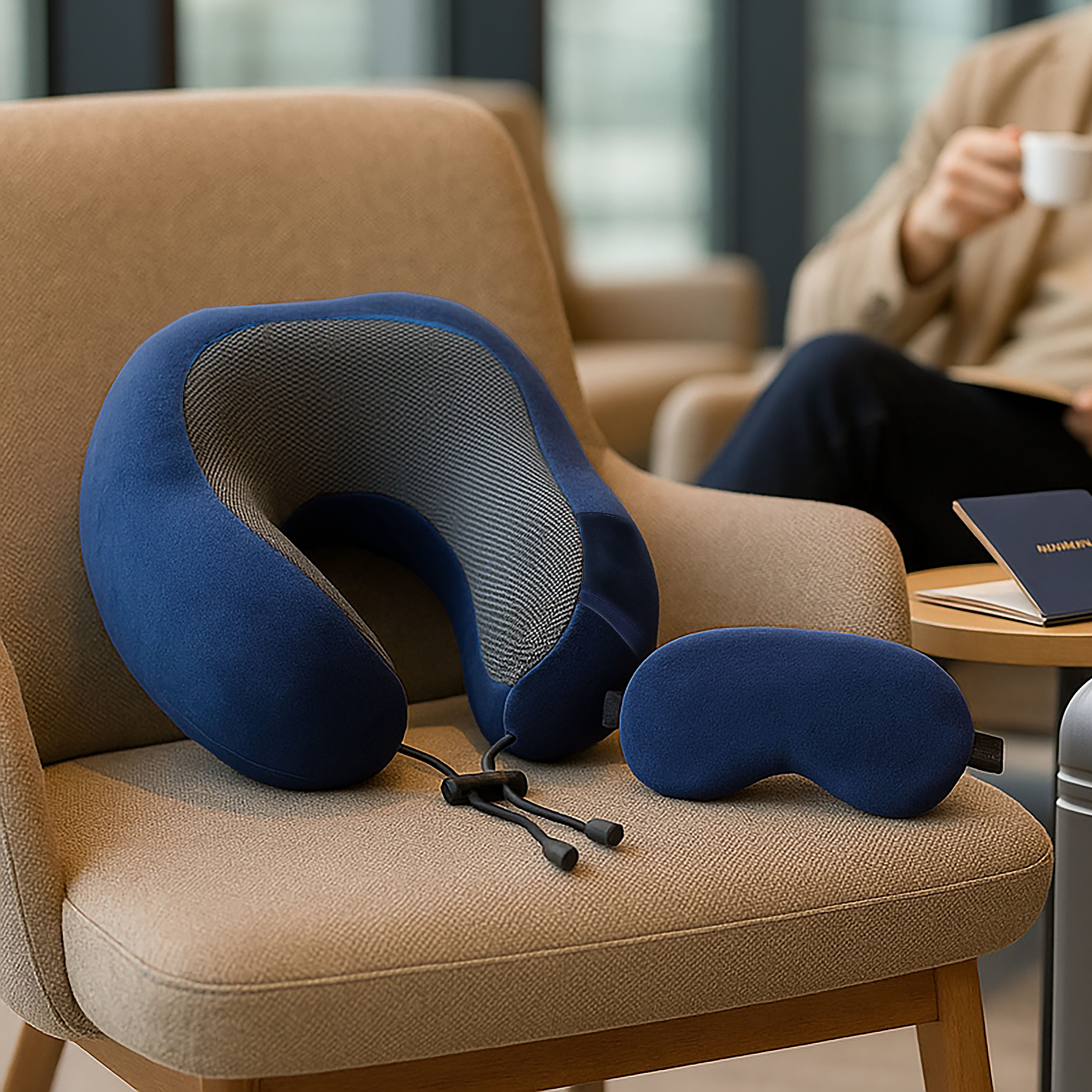 Memory Foam Travel Neck Pillow & Eye Mask Set (Size 30x28cm) - Navy
