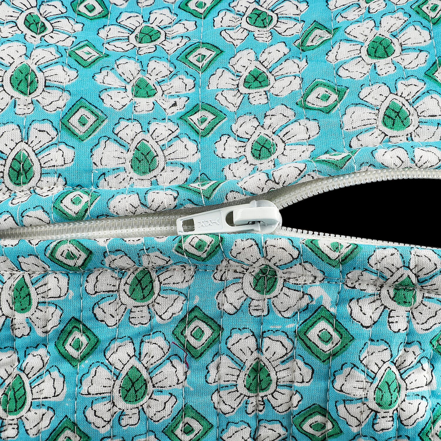 Set of 4- Floral Print Quilted Fabric Cosmetic Pouches - Turquoise Green & White Set of 4- Floral Print Quilted Fabric Cosmetic Pouches - Turquoise Green & White