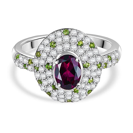 Radiant Ember Garnet, Natural Chrome Diopside & White Zircon Ring in Rhodium Overlay Sterling Silver 2.29 Ct.