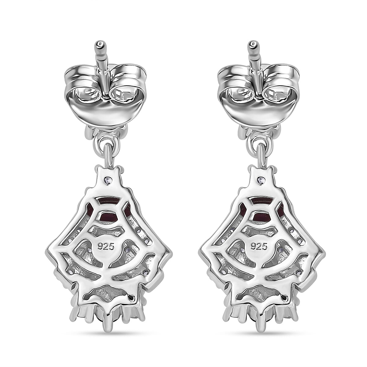Radiant Ember Garnet, Natural Chrome Diopside & White Zircon Dangling Earring with Push Back in Rhodium Overlay Sterling Silver 1.78 Ct. Radiant Ember Garnet, Natural Chrome Diopside & White Zircon Dangling Earring with Push Back in Rhodium Overlay Sterling Silver 1.78 Ct.