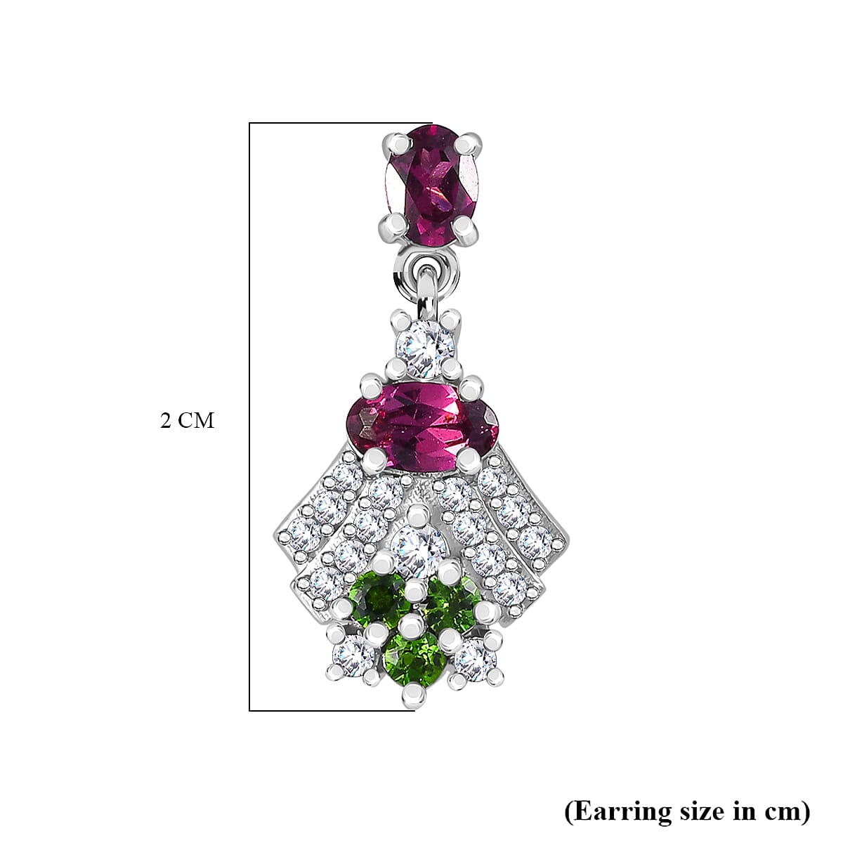 Radiant Ember Garnet, Natural Chrome Diopside & White Zircon Dangling Earring with Push Back in Rhodium Overlay Sterling Silver 1.78 Ct. Radiant Ember Garnet, Natural Chrome Diopside & White Zircon Dangling Earring with Push Back in Rhodium Overlay Sterling Silver 1.78 Ct.