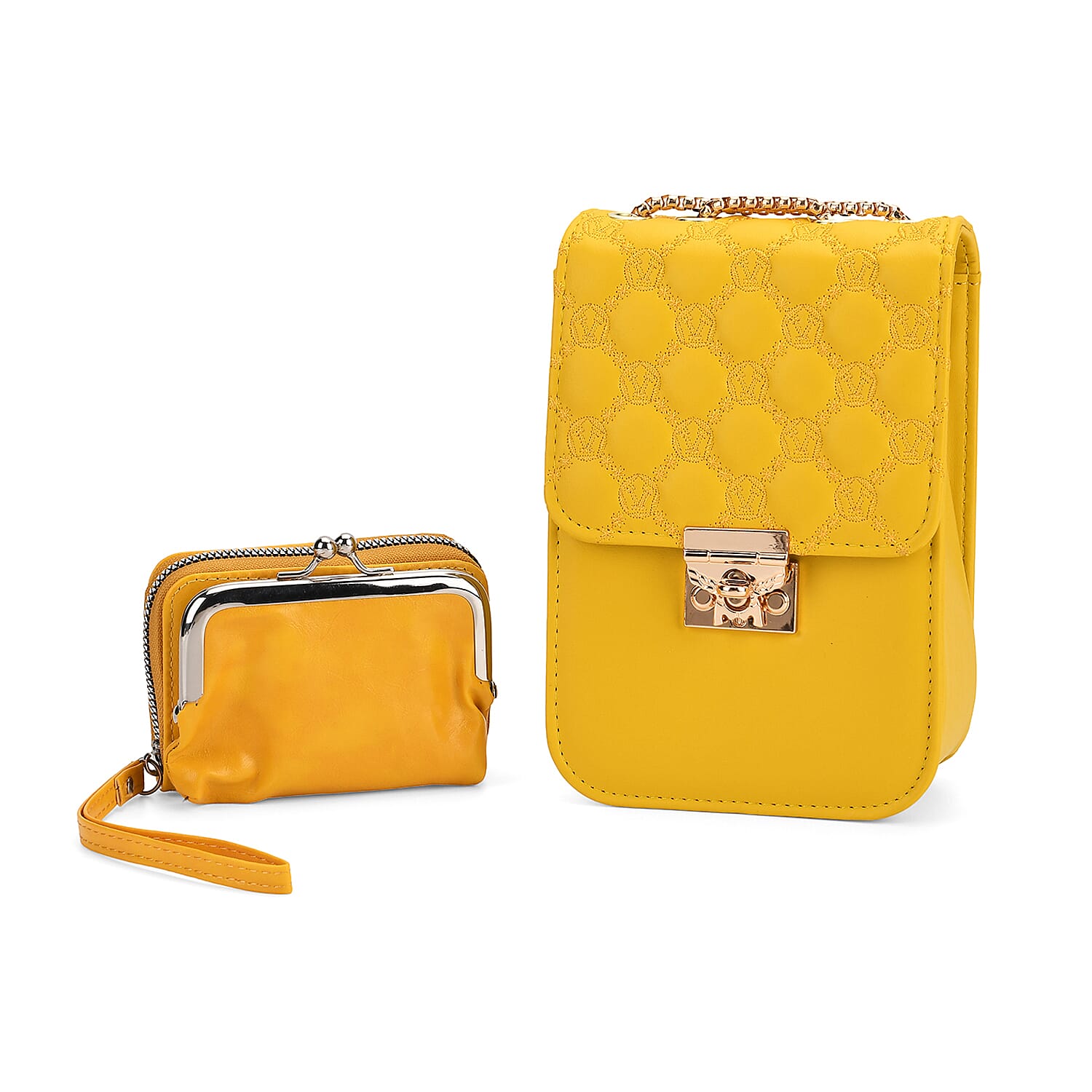 Elegant Monogram Quilted Phone Bag with Matching Clutch Card Holder - Yellow