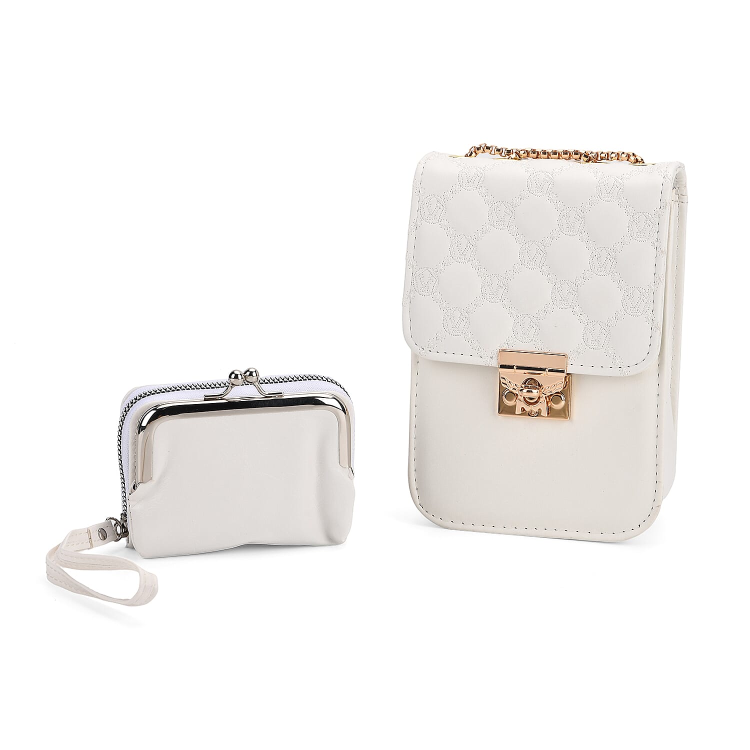 Elegant Monogram Quilted Phone Bag with Matching Clutch Card Holder - White