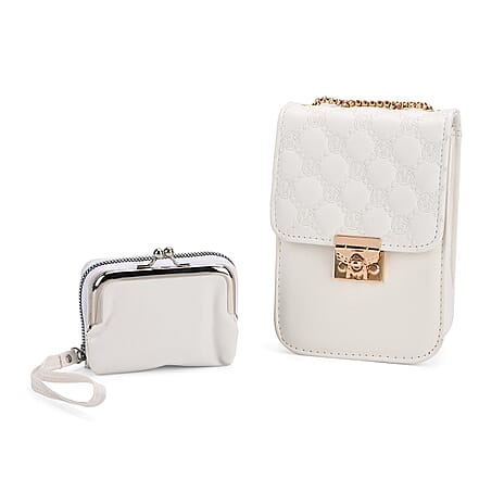 Elegant Monogram Quilted Phone Bag with Matching Clutch Card Holder - White