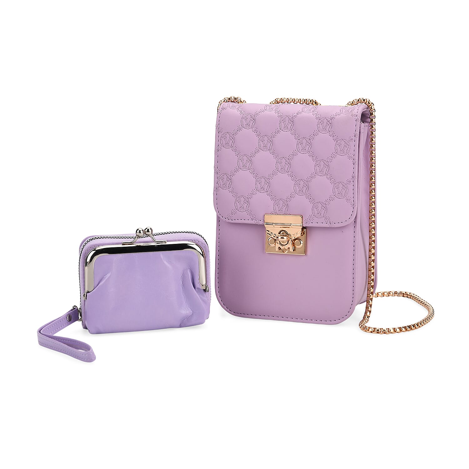 Elegant Monogram Quilted Phone Bag with Matching Clutch Card Holder - Light Purple