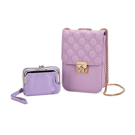 Elegant Monogram Quilted Phone Bag with Matching Clutch Card Holder - Light Purple