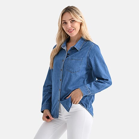 - Maisi Cotton Blend Button-Down Denim Shirt (Size L) - Light Blue