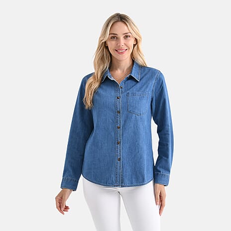 - Maisi Cotton Blend Button-Down Denim Shirt (Size XL) - Light Blue