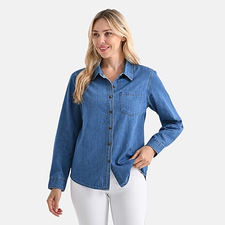 - Maisi Cotton Blend Button-Down Denim Shirt (Size XL) - Light Blue