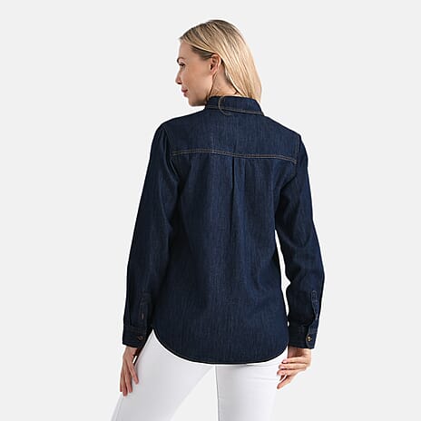 - Maisi Cotton Blend Button-Down Denim Shirt (Size M) - Dark Blue