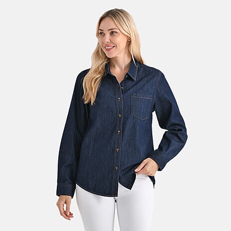- Maisi Cotton Blend Button-Down Denim Shirt (Size XL) - Dark Blue