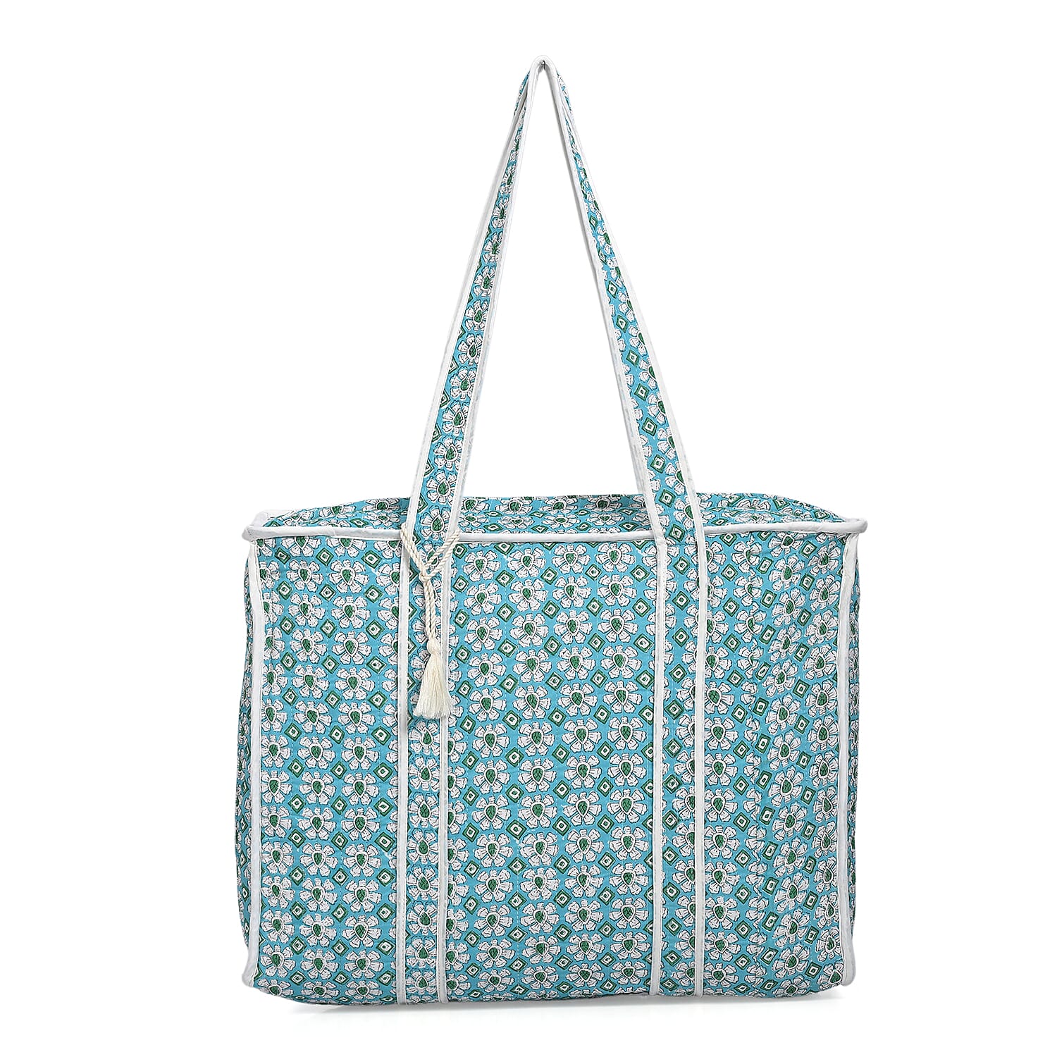 Quilted Fabric Floral Print Tote Bag with Zipper Closure - Turquoise Green and White