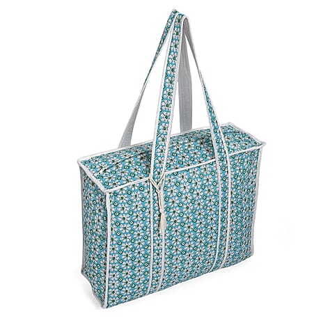 Quilted Fabric Floral Print Tote Bag with Zipper Closure - Turquoise Green and White