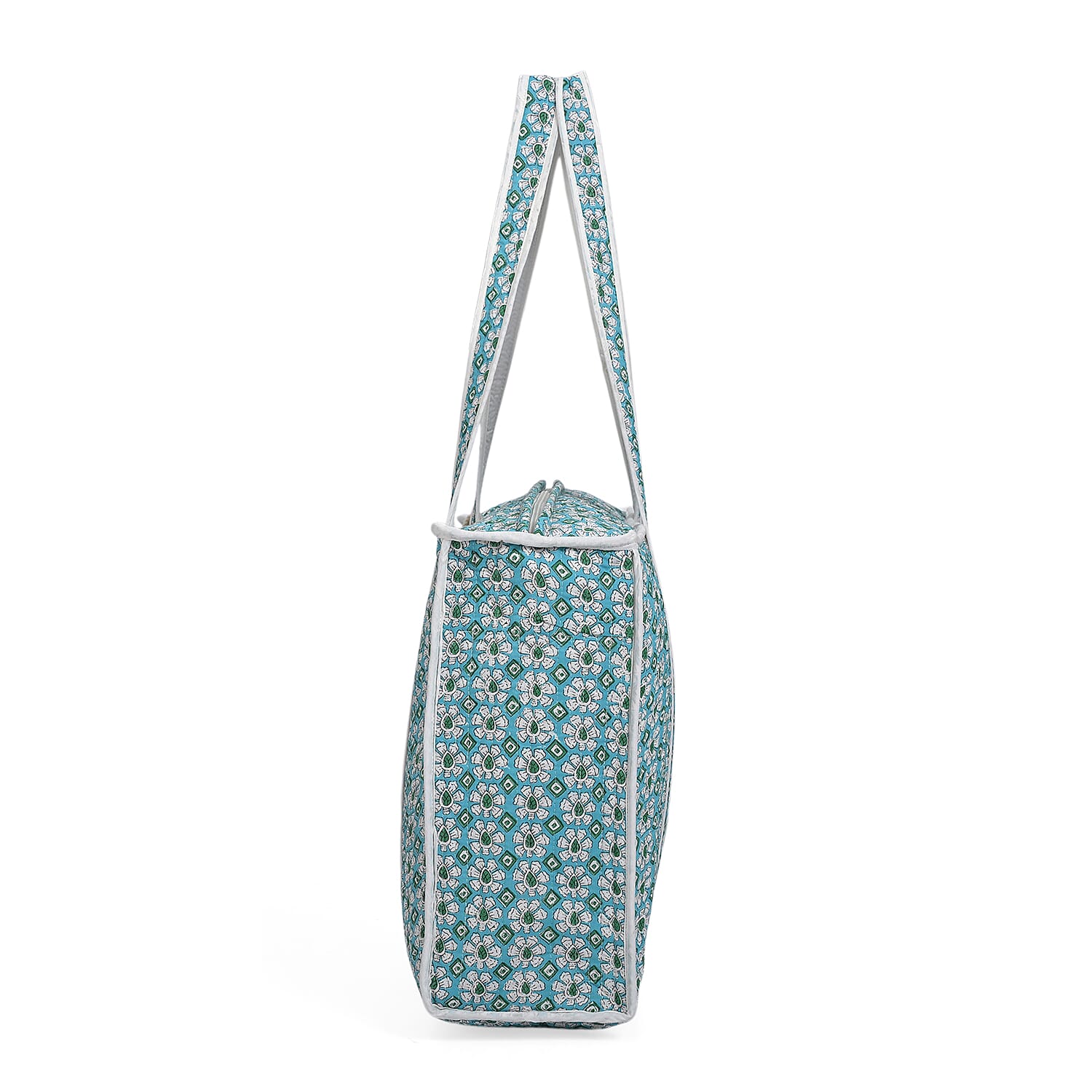 Quilted Fabric Floral Print Tote Bag with Zipper Closure - Turquoise Green and White