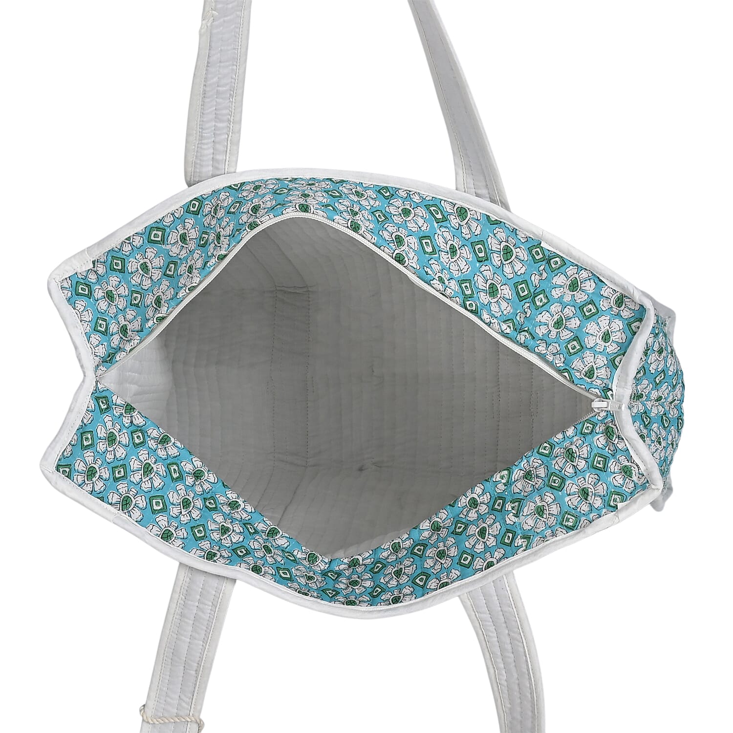 Quilted Fabric Floral Print Tote Bag with Zipper Closure - Turquoise Green and White